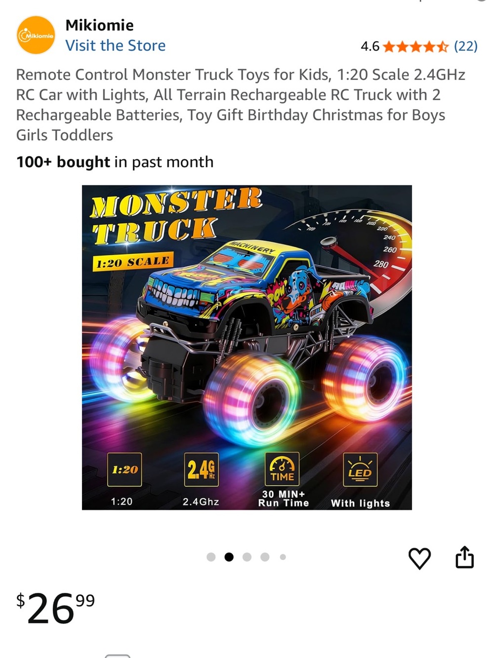 Kids Remote Control Monster Truck - Multicolor LED Wheels